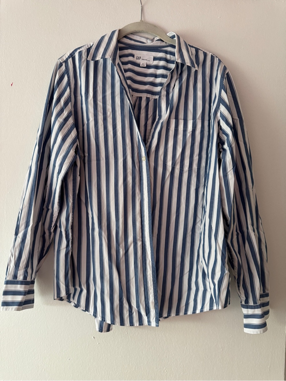 GAP Women’s Navy and White Vertical Stripe Button-Down Shirt